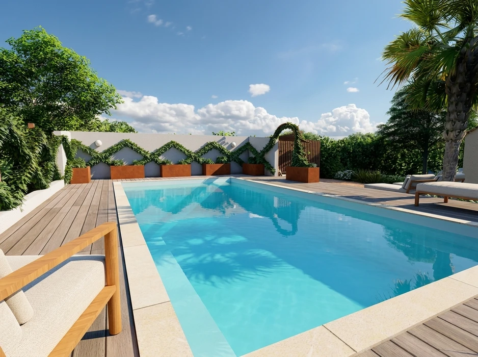 Vue aérienne d'une villa provençale avec piscine rectangulaire à débordement, liner bleu, margelles en pierre beige