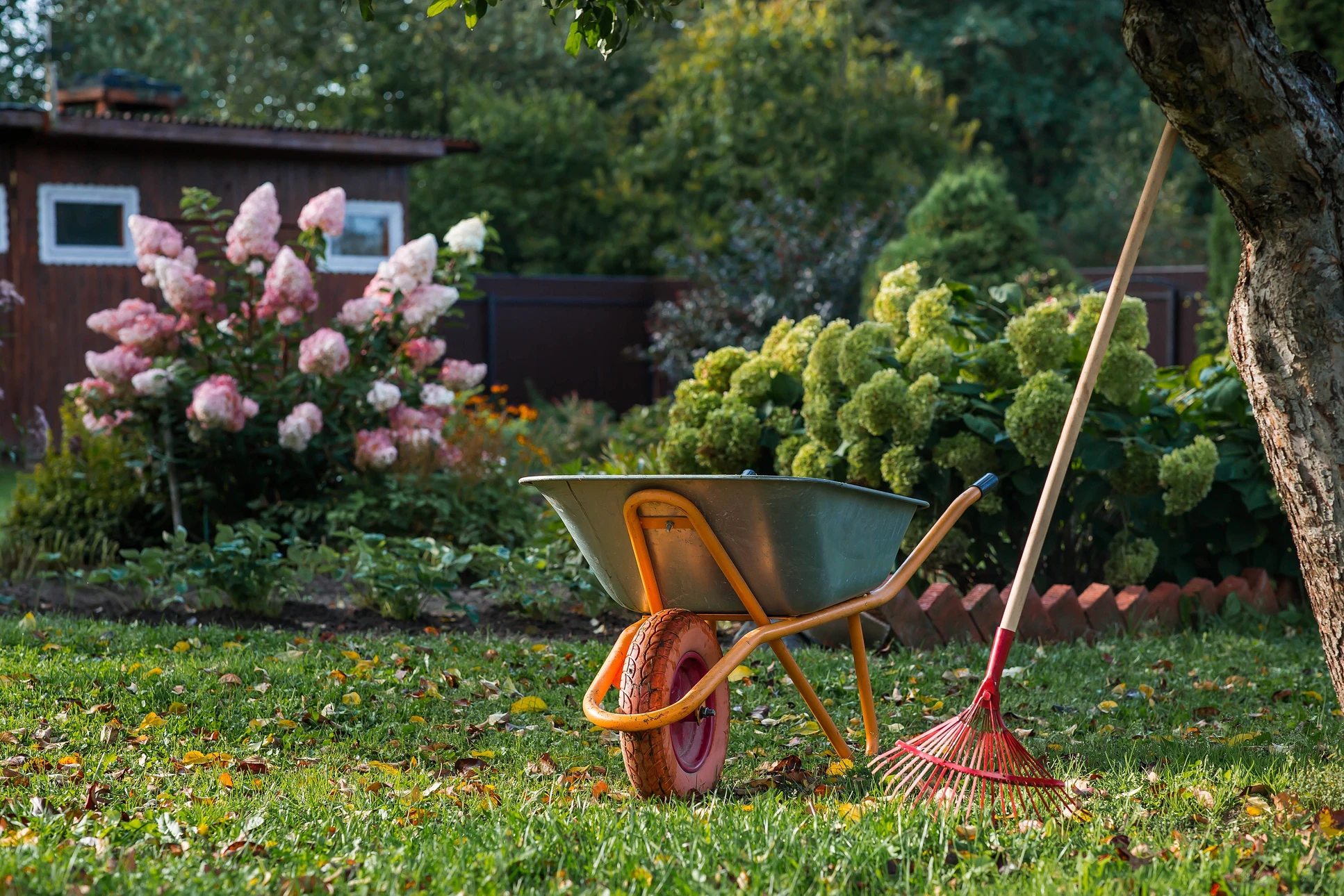 Jardinier professionnel en équipement de sécurité orange utilisant une débroussailleuse thermique pour entretenir une pelouse dans un espace vert paysagé