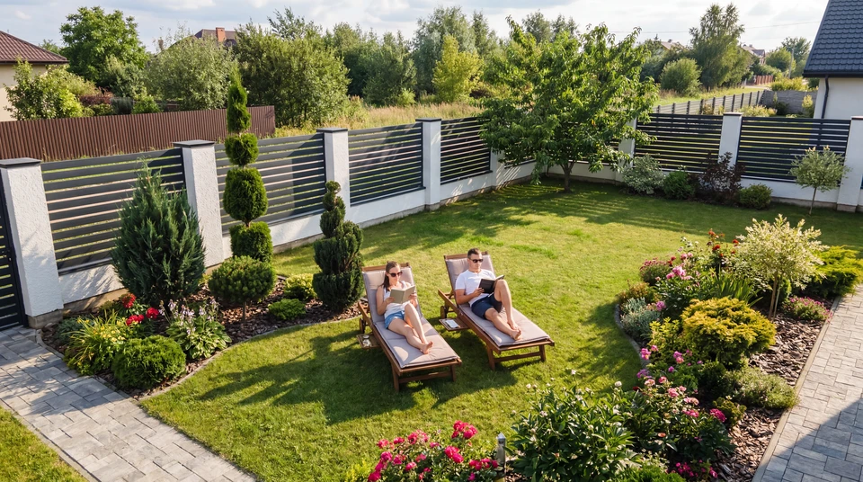 Paysage mâle effectuant un découpage mi-été sur des plantes de jardin dans un arrière-cour paysager